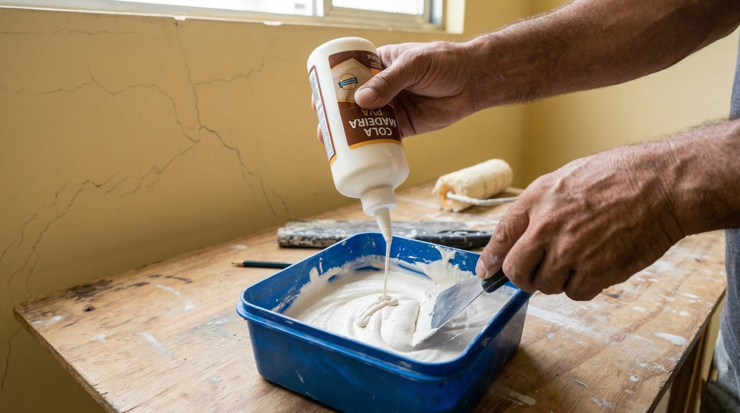 Misture cola de madeira com massa corrida e dê adeus às fissuras na pintura da parede