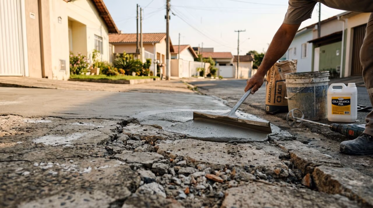 Argamassa C3 com cola branca: a massa regularizadora caseira que renova calçadas sem quebrar tudo e com menos gasto