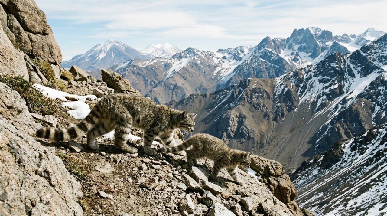 Raríssimo flagra nos Andes mostra gato-andino conduzindo o filhote em meio às montanhas