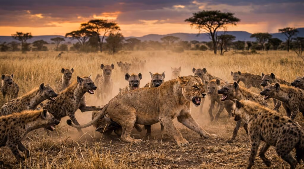 Hienas escolhem o dia errado para tentar caçar uma leoa na savana