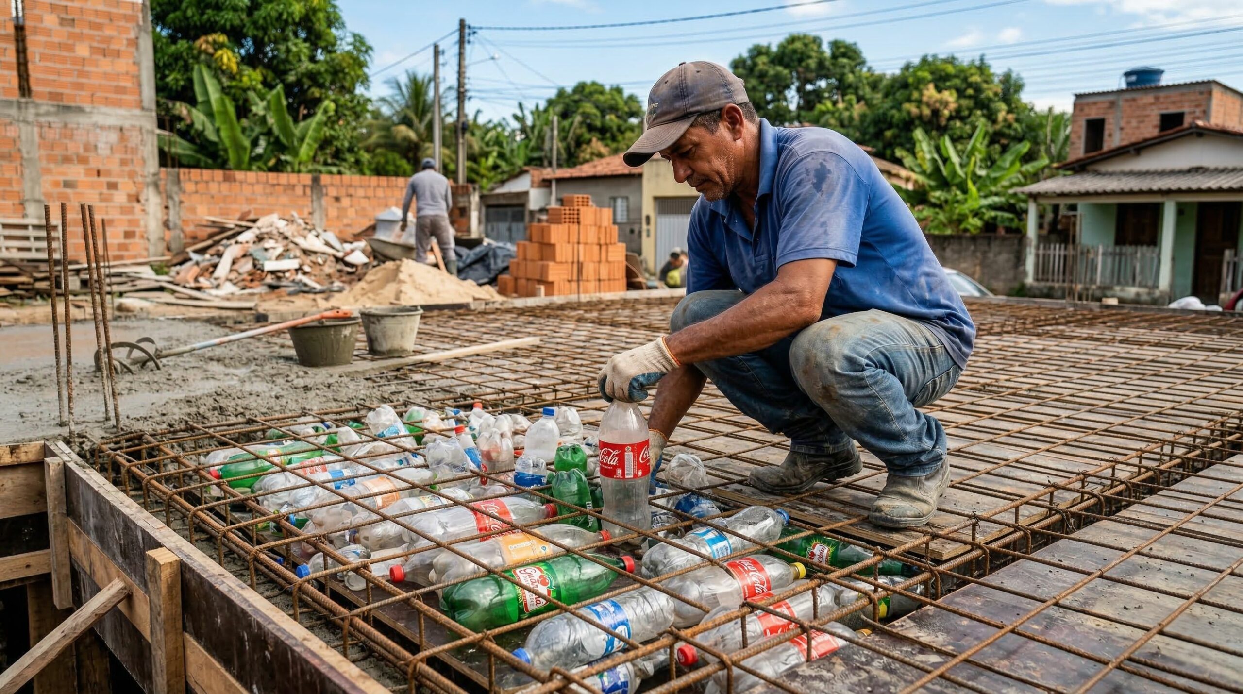 Por que pedreiros experientes estão enchendo lajes com garrafa pet?