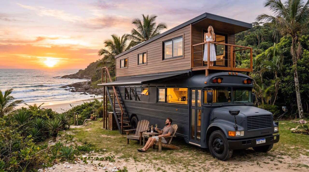 Homem transforma ônibus escolar em casa de luxo sobre rodas