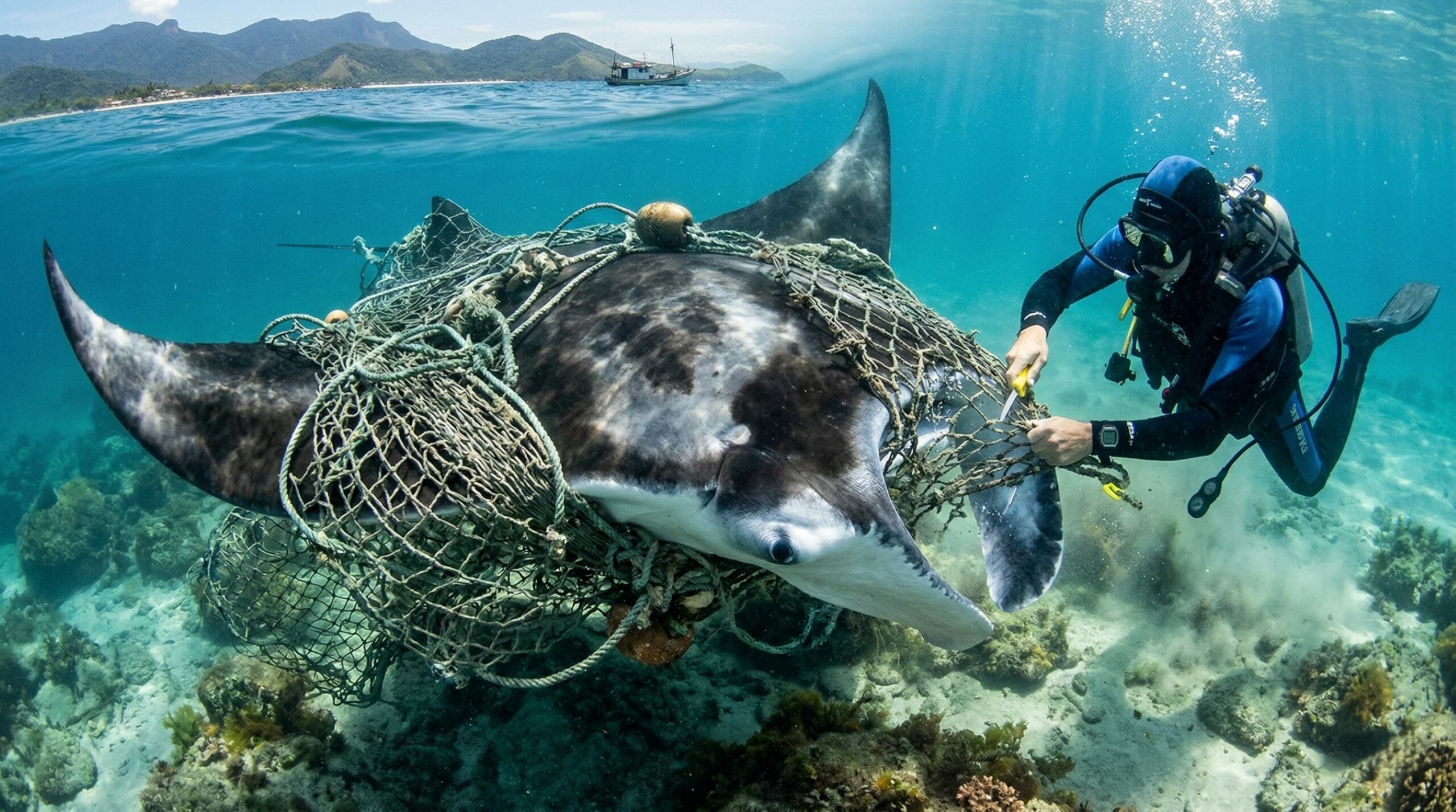 Mergulhador corta rede e salva arraia-manta gigante em cena que parece de filme