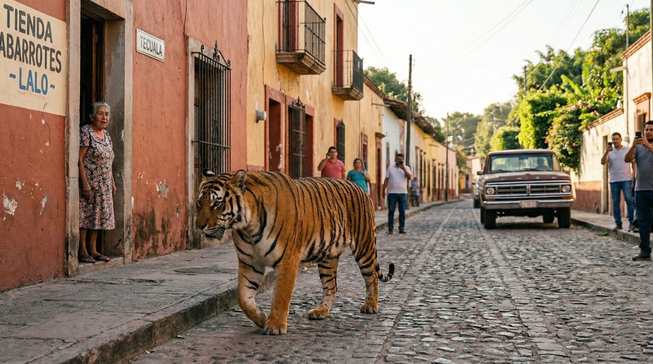 Tigre de Bengala caminha tranquilamente por rua no México