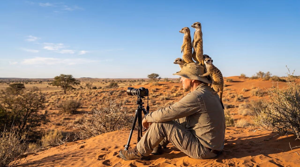 Suricatos transformam o fotógrafo em torre de vigia e mostram o comportamento que sustenta sua sobrevivência