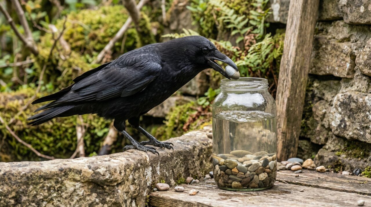 Corvo brilhante usa fenômeno físico para beber água usando pedras pequenas