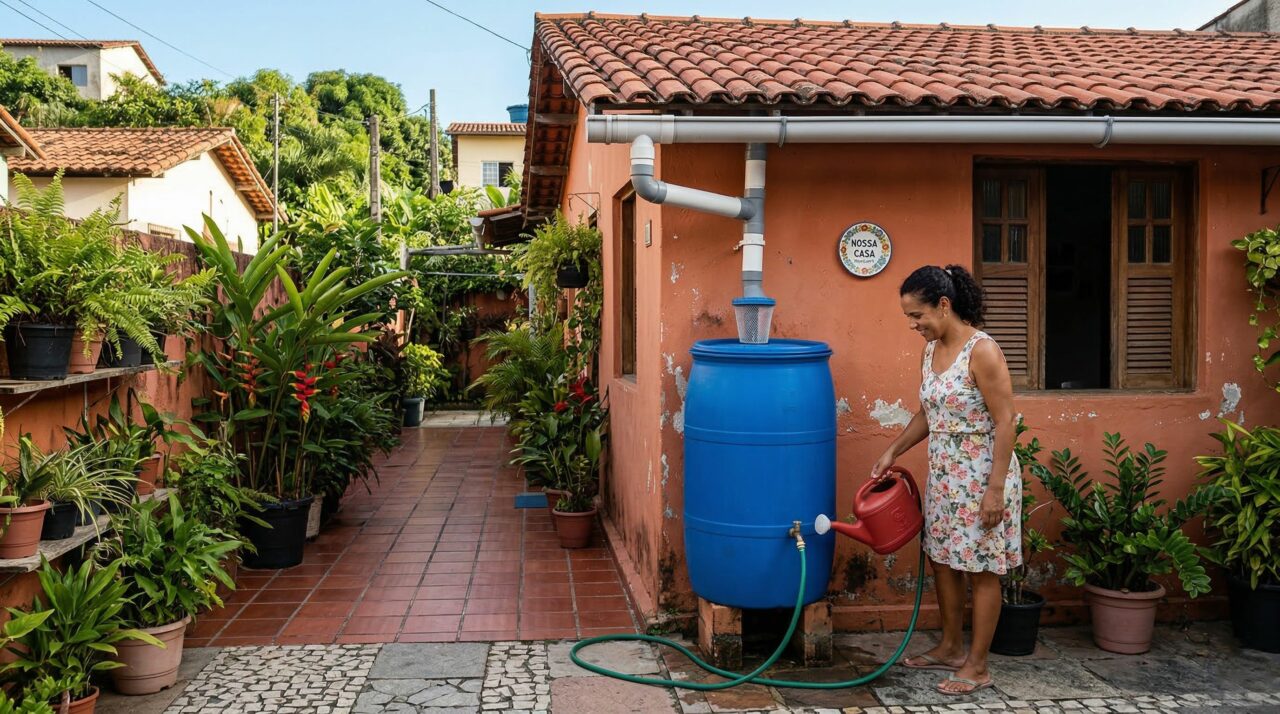Essa cisterna vertical caseira é feita de tubos PVC e armazena até 320 litros de água da chuva