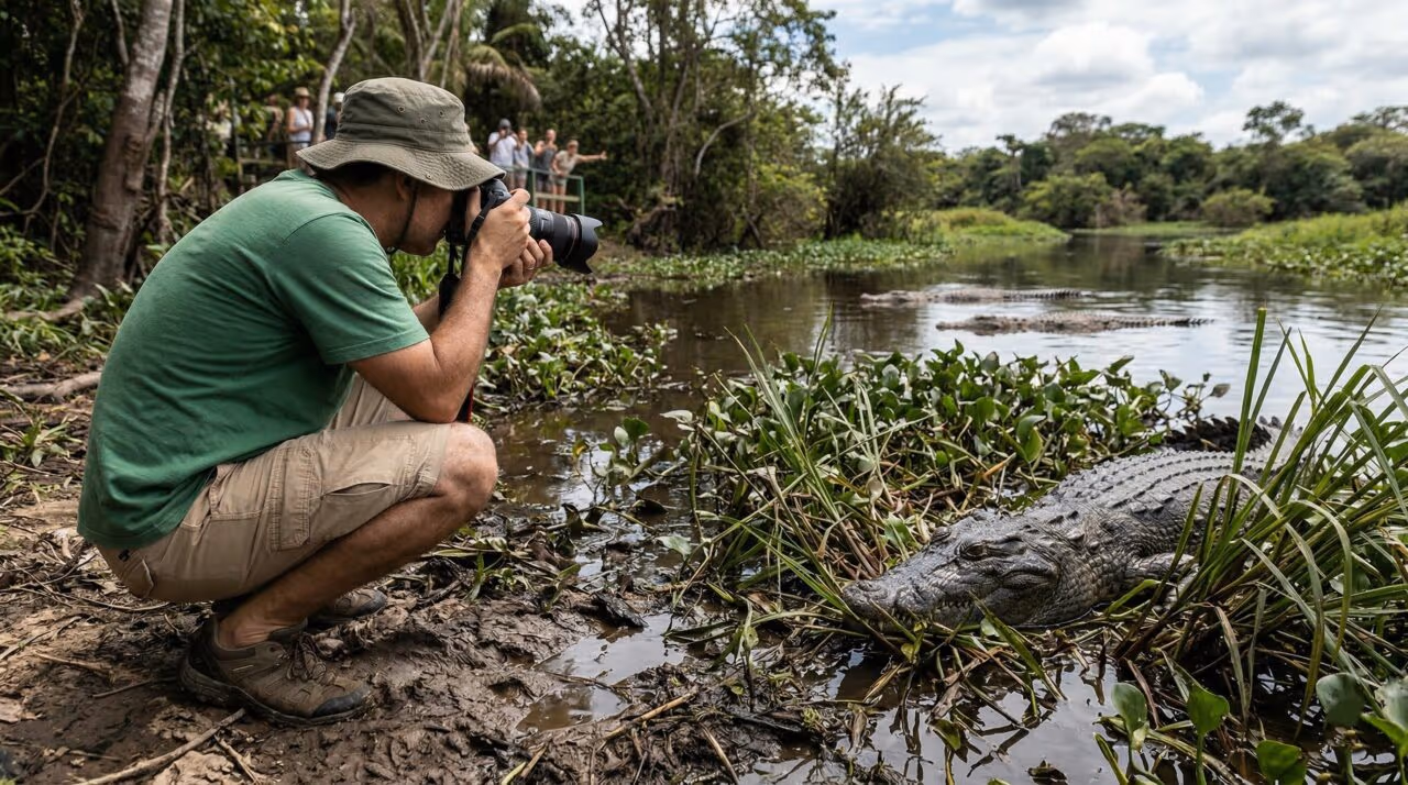 Brasileiro queria tirar fotos dos crocodilos de perto, mas não imaginava que havia um escondido pronto para jantar