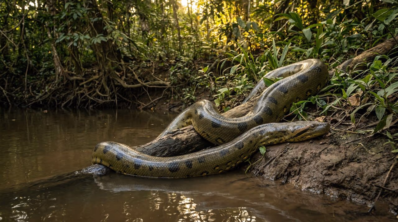 Sucuri verde é flagrada tomando sol na beira do rio