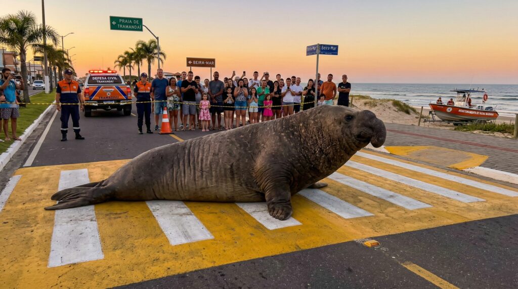 Raro elefante-marinho cruza faixa de pedestres no RS e descansa na areia tranquilamente