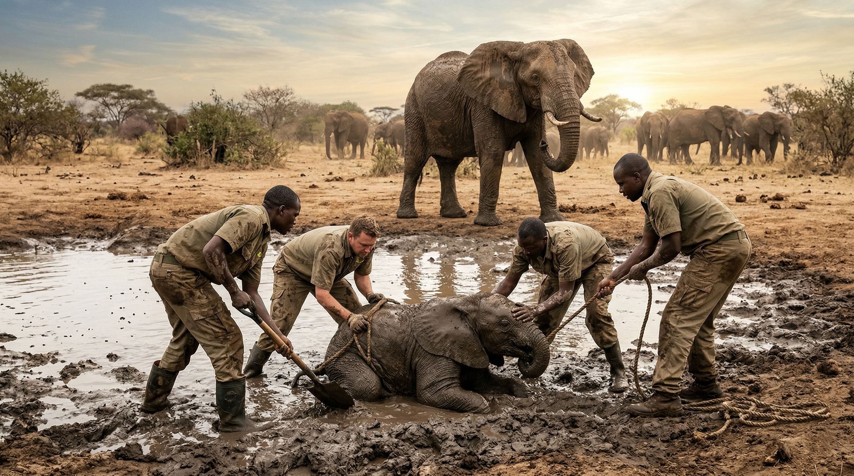 Filhote de elefante preso na lama é resgatado com mãe observando e emociona o mundo