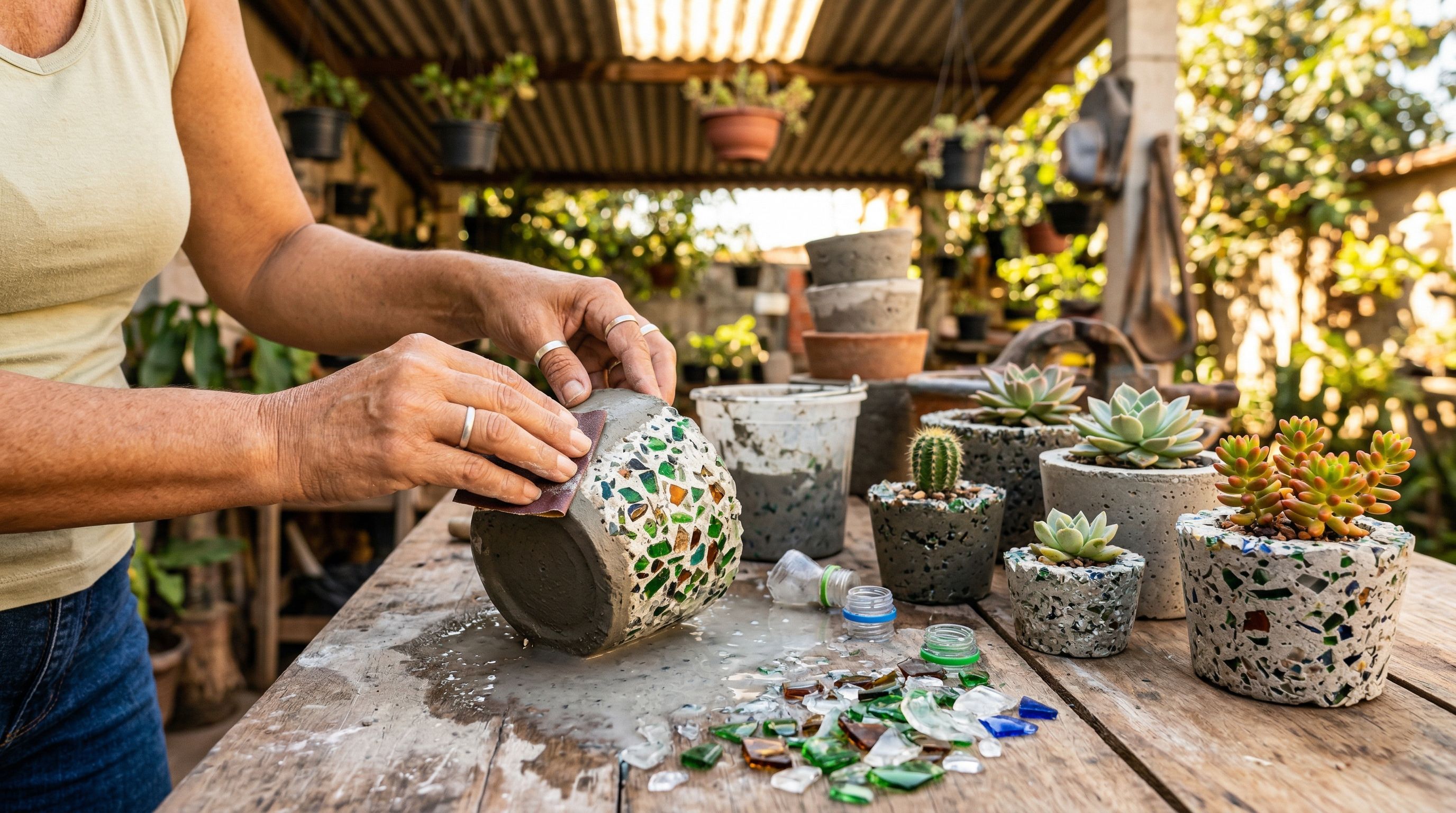 Vaso feito de cimento e cacos de vidro reaproveita garrafas e ainda cria um efeito granilite lindo de decoração