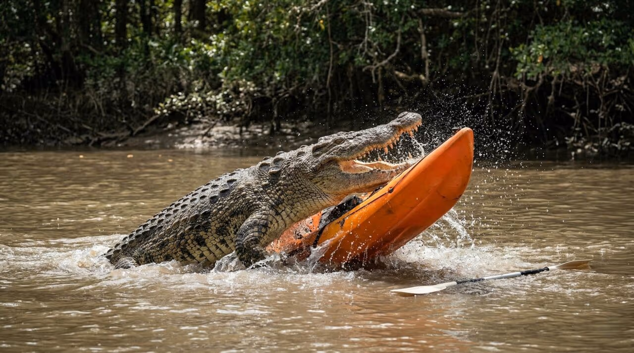 Crocodilo avança em caiaque com boneco humano e vídeo deixa muitos em choque