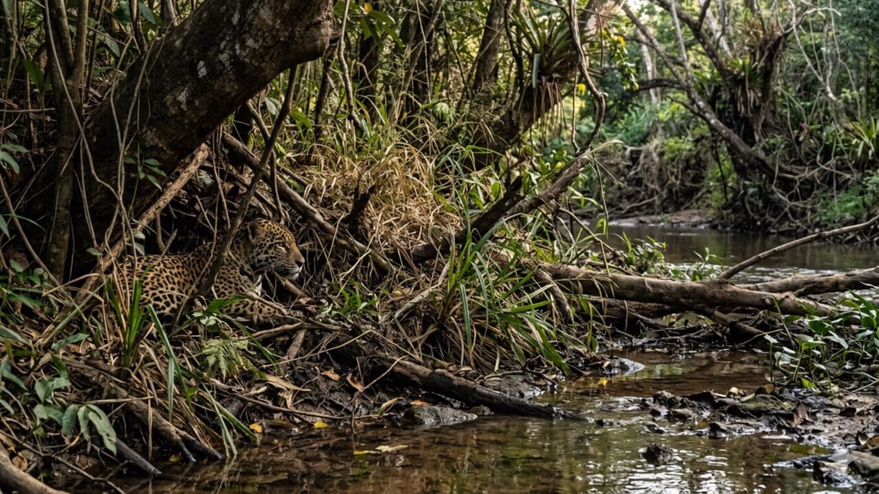 Que visão é essa? Pescador encontra onça-pintada camuflada no meio da mata