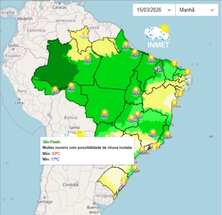 Previsão do tempo para São Paulo neste domingo, 15