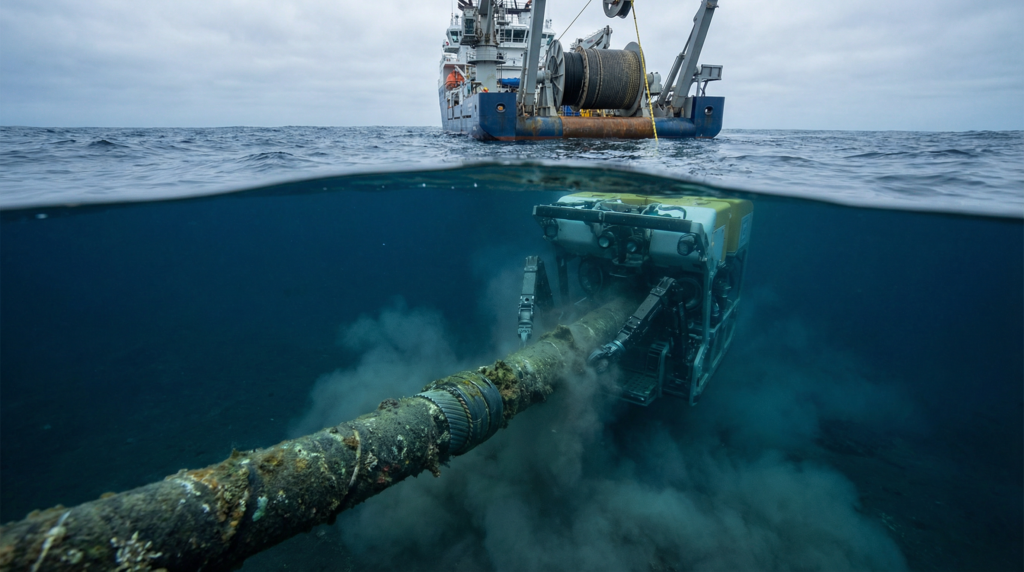 Primeiro cabo transatlântico de fibra óptica é arrancado do fundo do oceano em uma operação histórica e titânica