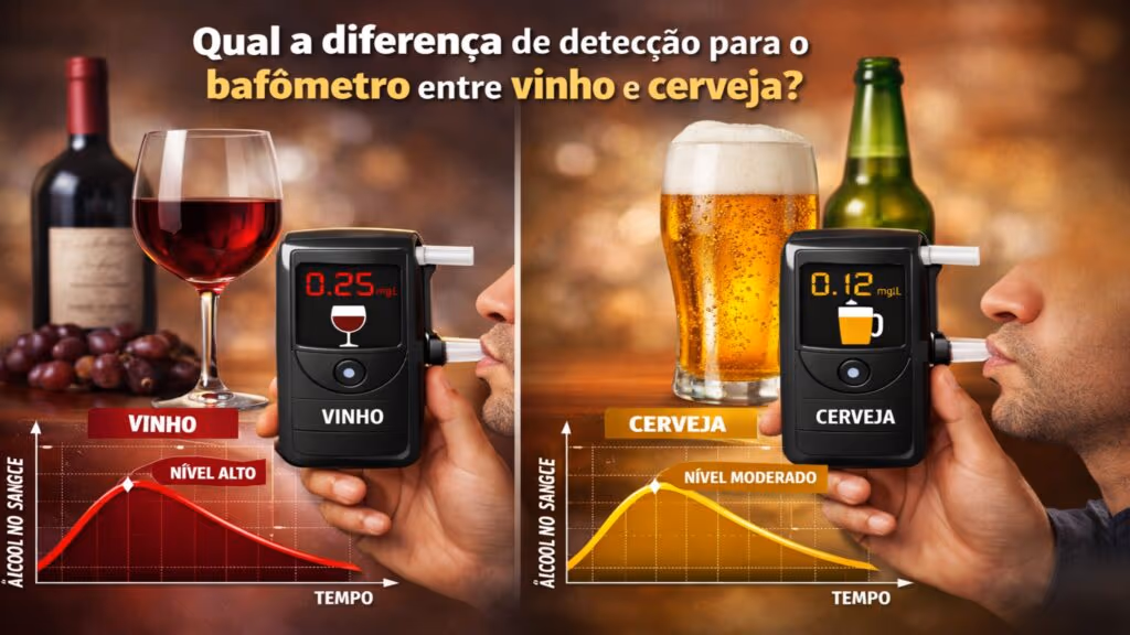 Qual a diferença de detecção para o bafômetro entre vinho e cerveja?