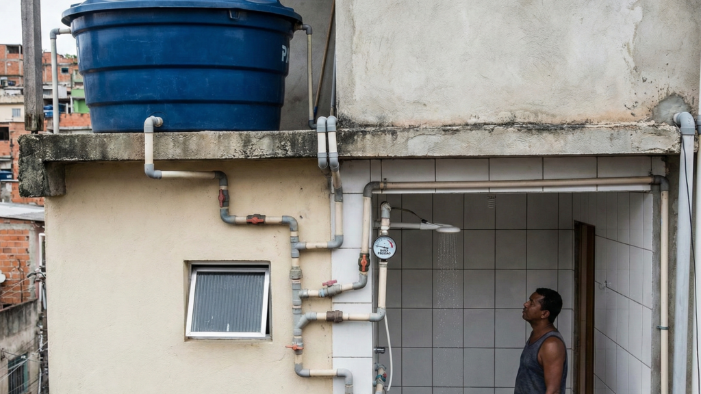 Caixa d'água baixa gera pouca pressão, deixando a água fraca