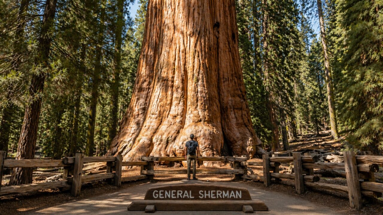 A maior árvore do mundo em volume é a sequoia General Sherman, localizada no Parque Nacional da Sequoia, na Califórnia. Ela tem cerca de 83,8 metros de altura, equivalente a aproximadamente 275 pés, segundo o National Park Service.