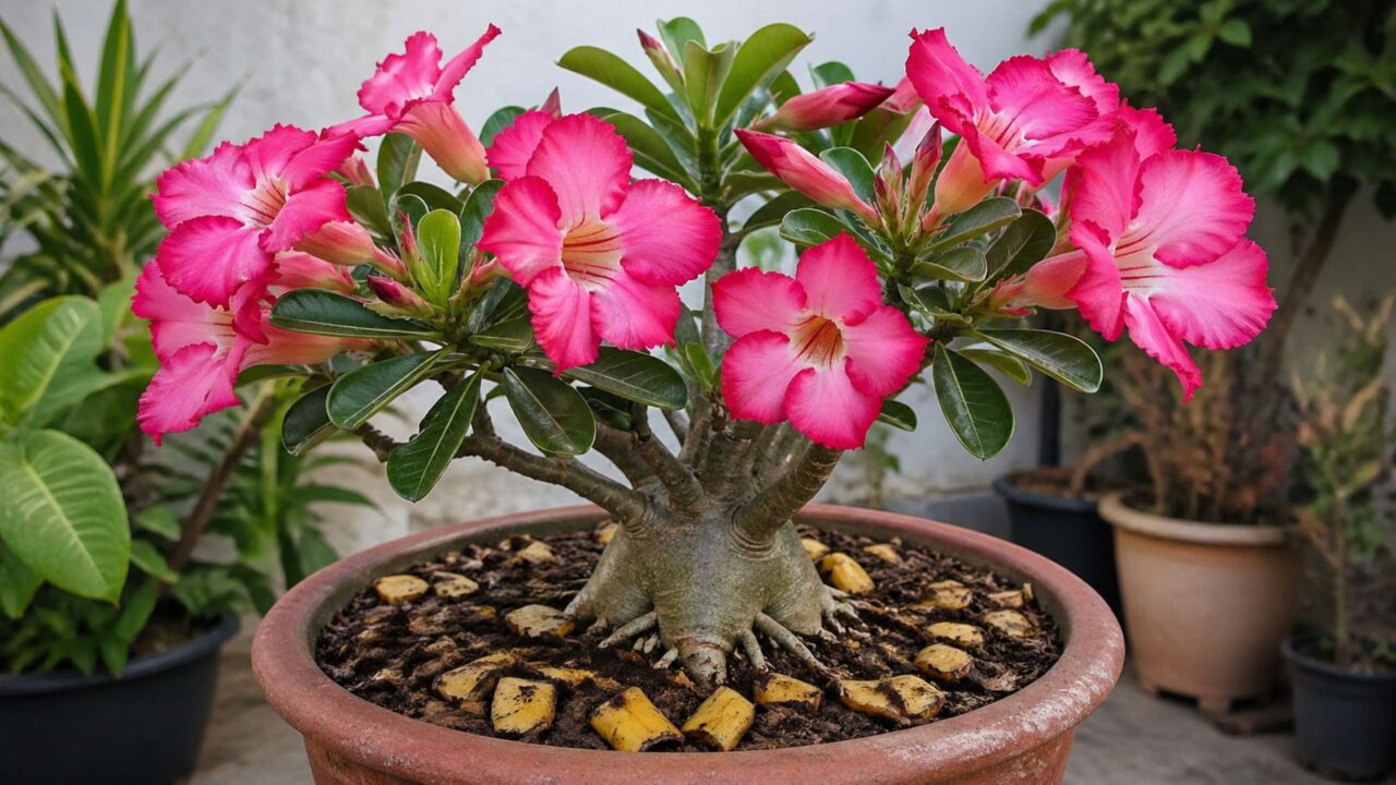O adubo caseiro com casca de banana que faz a Rosa do Deserto florir mais rápido durante o outono