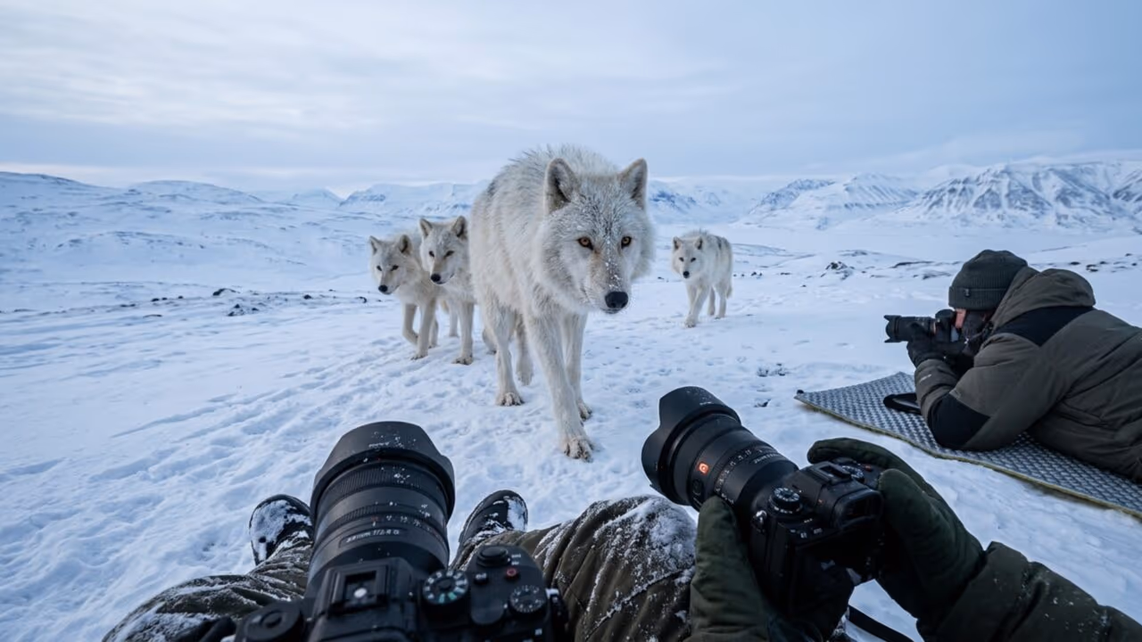 Lobos curiosos se aproximam de fotógrafos na neve intensa e comportamento é diferente do que eles imaginavam