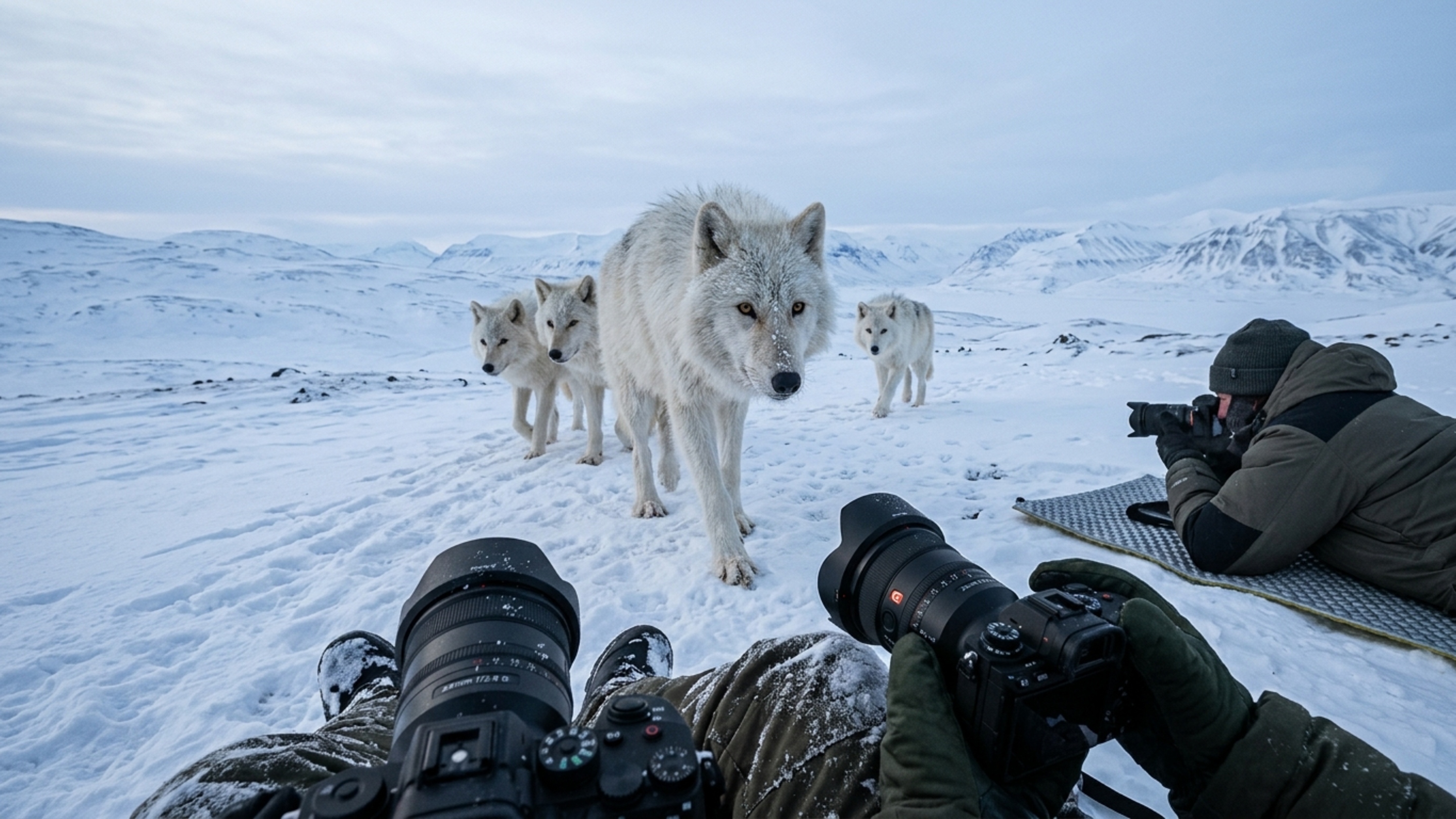 Lobos curiosos se aproximam de fotógrafos na neve intensa e comportamento é diferente do que eles imaginavam