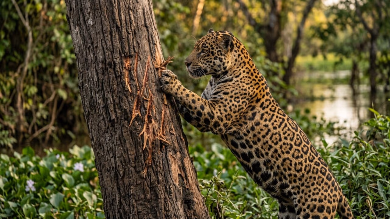Por que essa onça-pintada está arranhando troncos no meio do pantanal?