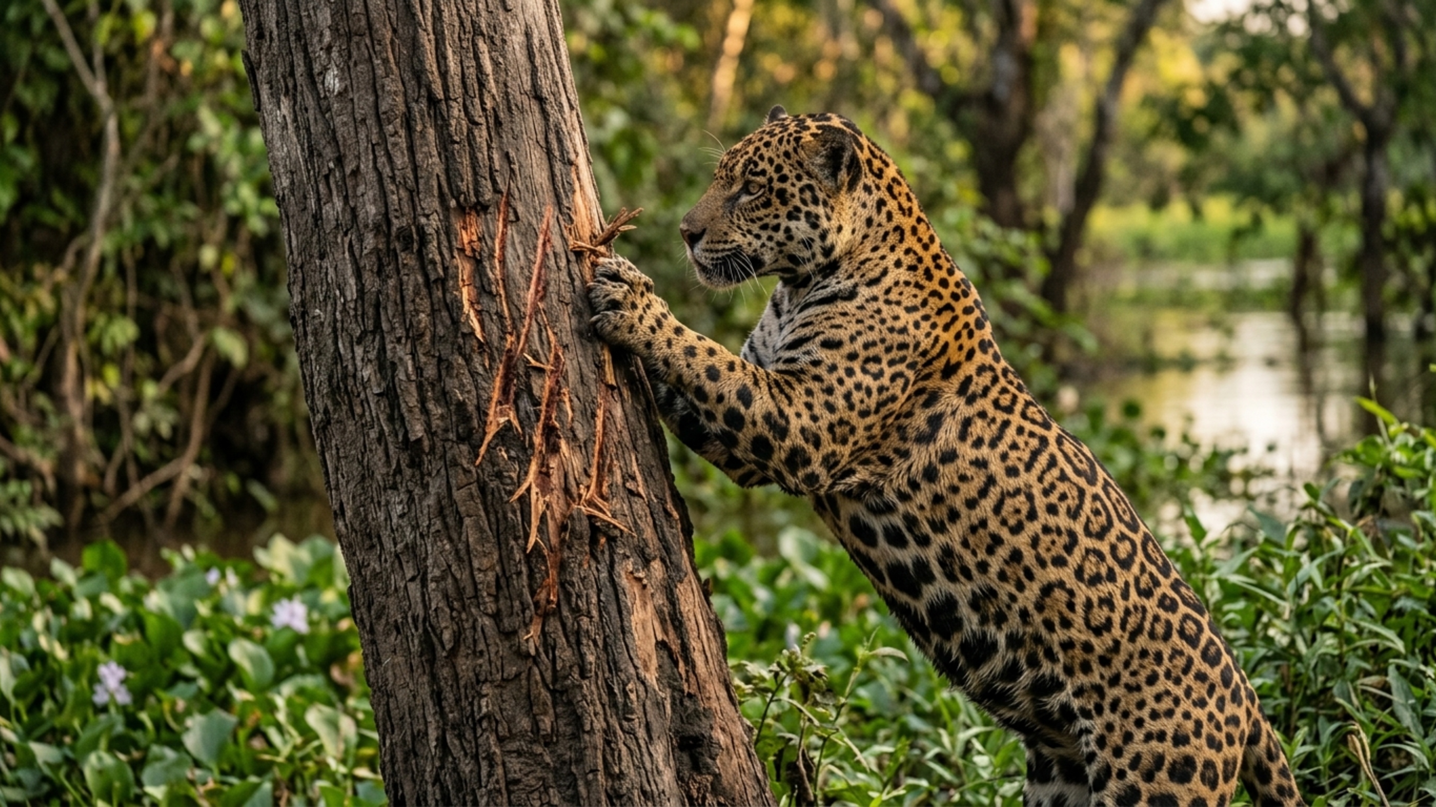 Por que essa onça-pintada está arranhando troncos no meio do pantanal?