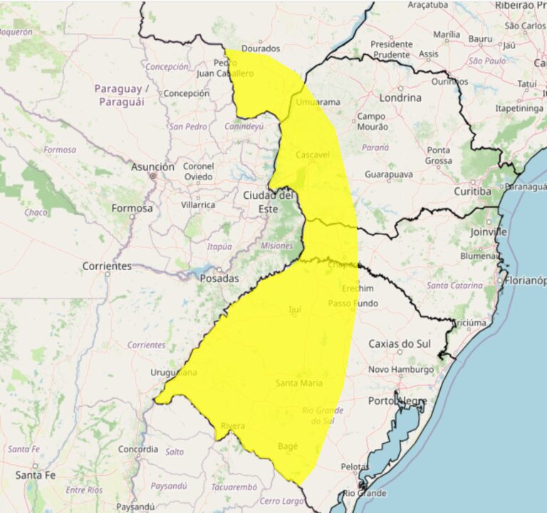 Alerta Inmet para forte tempestade nos dias 14 e 15 no Sul e Sudeste do Brasil