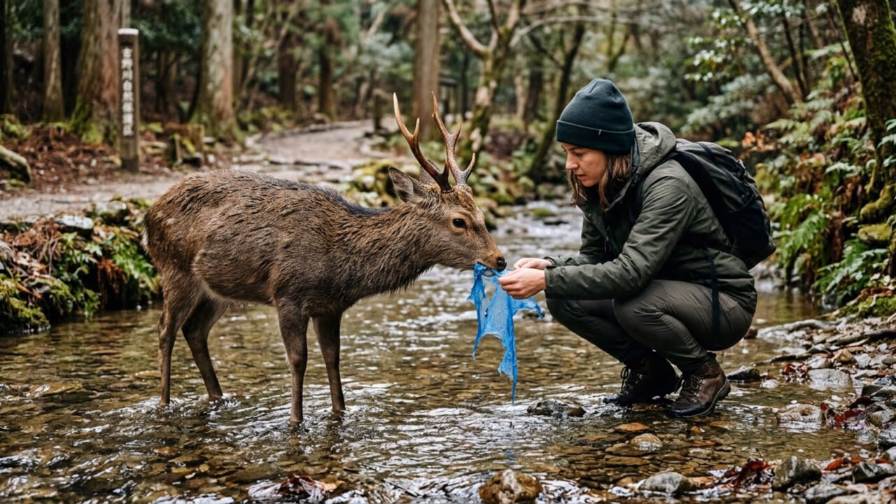 Turista estrangeiro entra em riacho no Japão para salvar cervo de comer plástico