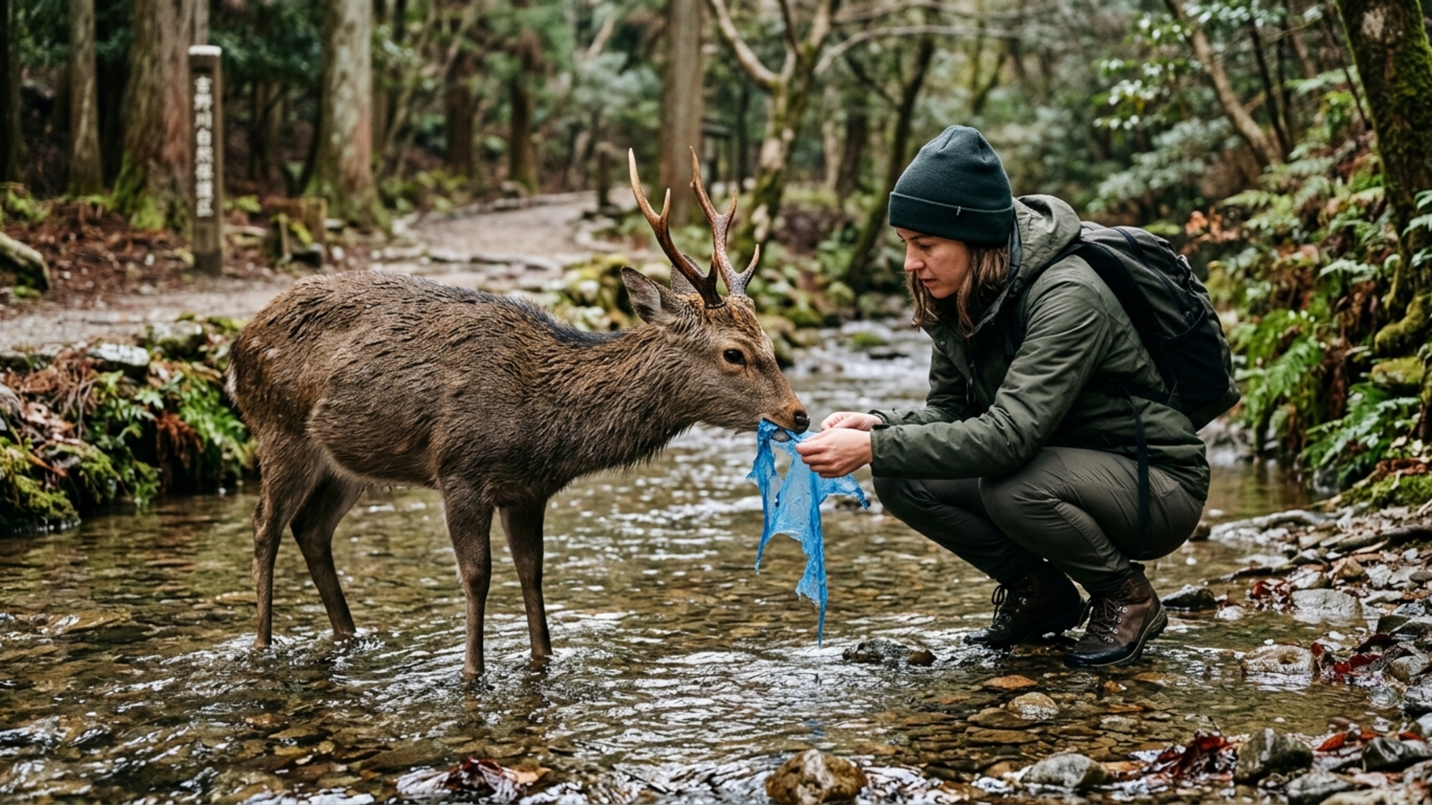 Turista estrangeiro entra em riacho no Japão para salvar cervo de comer plástico