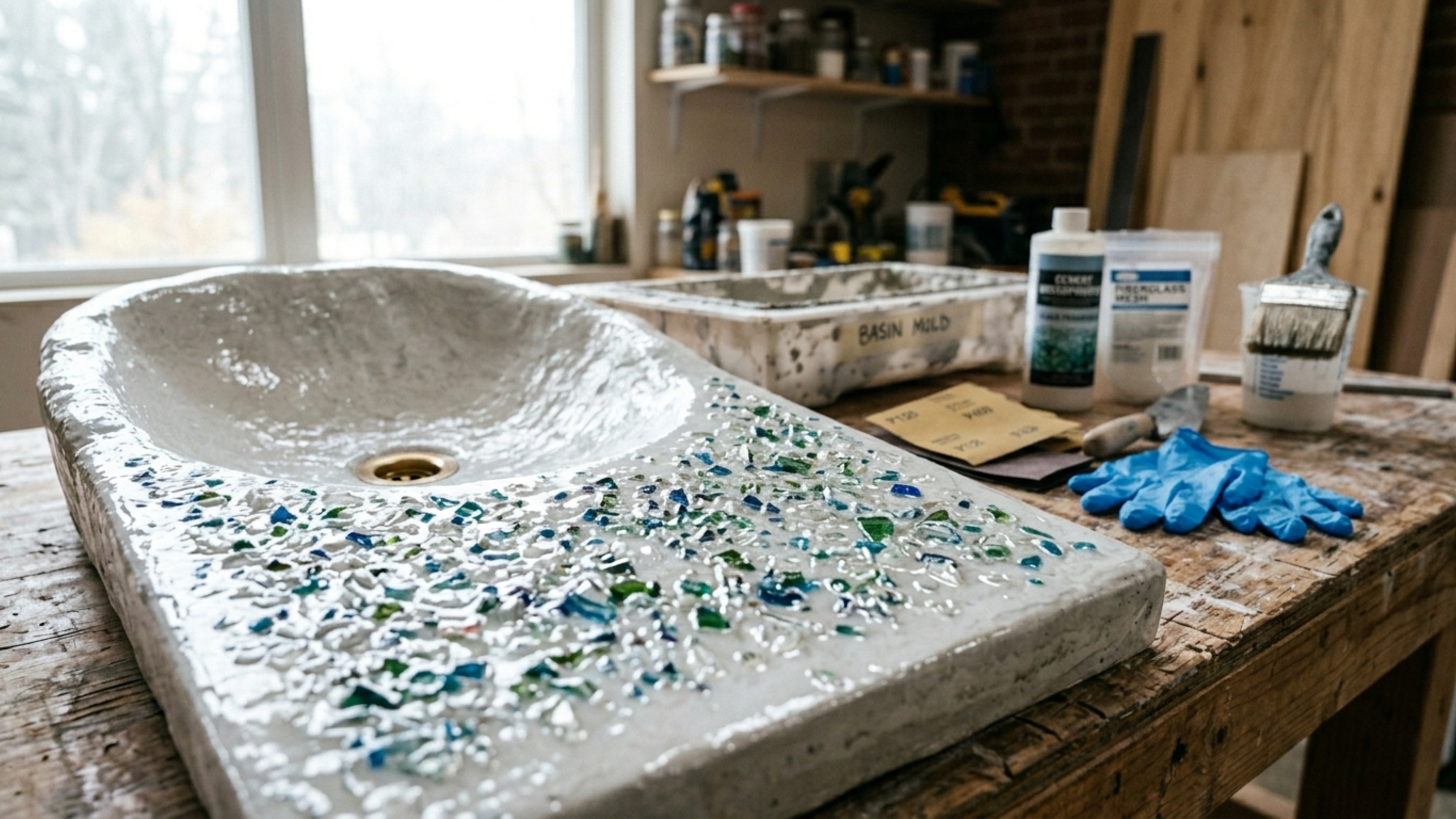 Misturar cimento branco, fibra de vidro e cacos de vidro: a combinação que permite criar do zero uma pia de luxo gastando apenas R$ 150