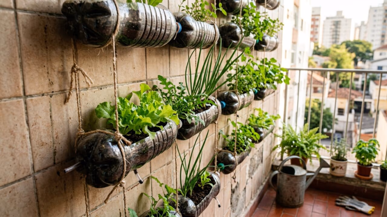 Jardim vertical com garrafas plásticas para cultivar alface e cebolinha em casa