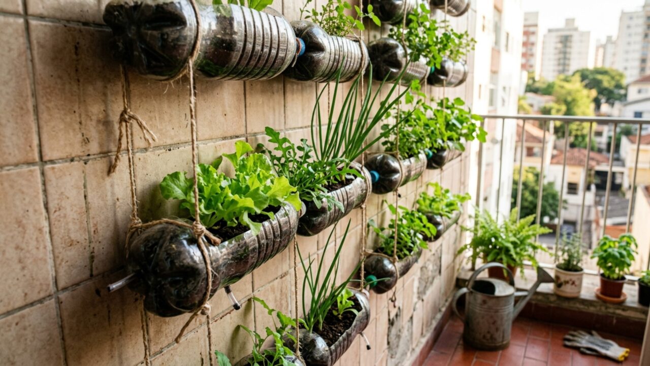 Jardim vertical com garrafas plásticas para cultivar alface e cebolinha em casa