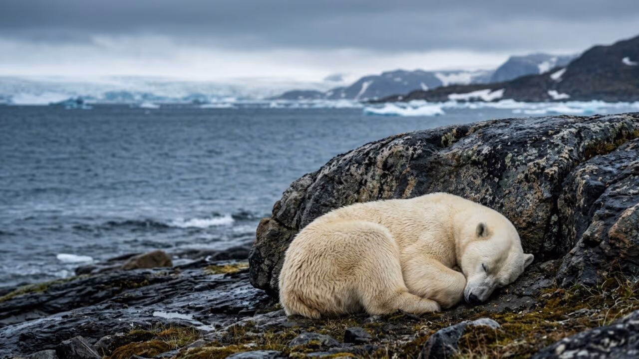 Urso polar é flagrado descansando calmamente em rocha durante verão no Ártico