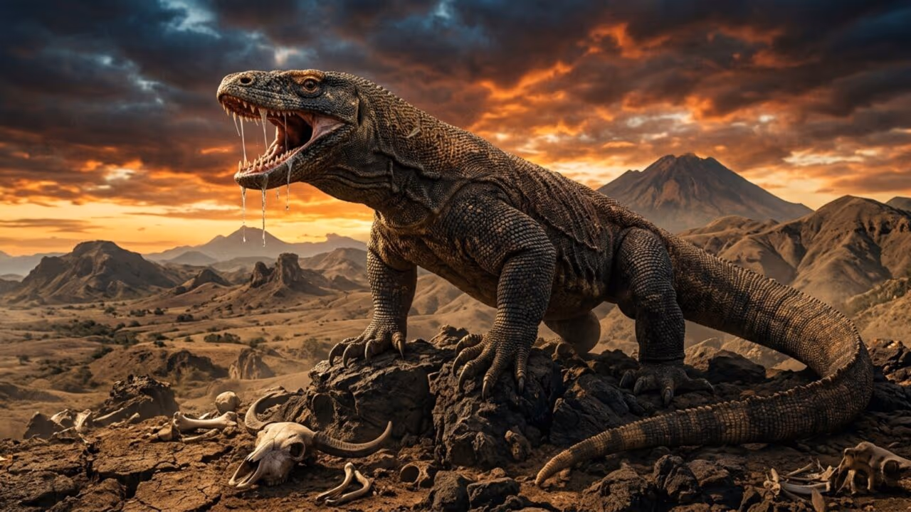 O dragão vivo que derruba búfalos com mordida venenosa e paciência mortal