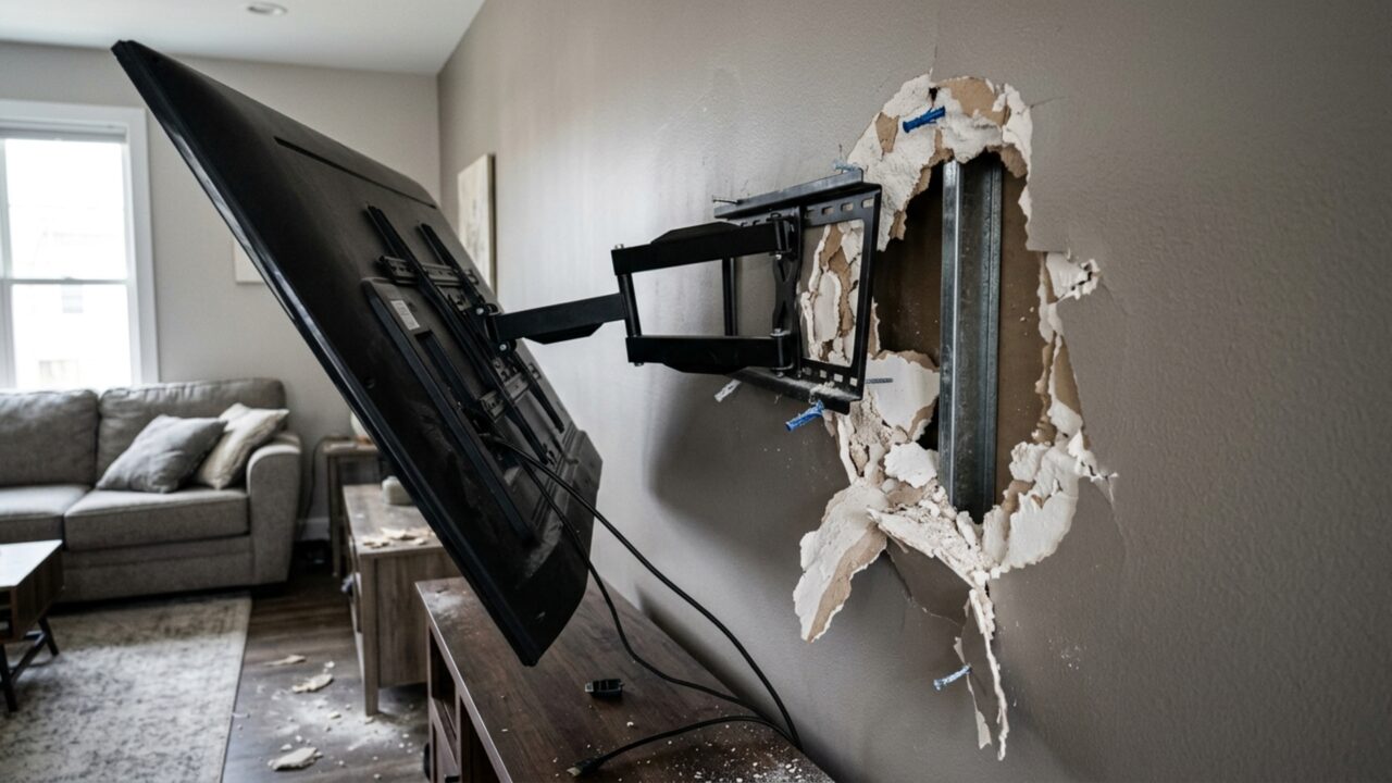 O erro amador ao tentar pendurar a TV pesada na parede que derruba a estrutura inteira da sala
