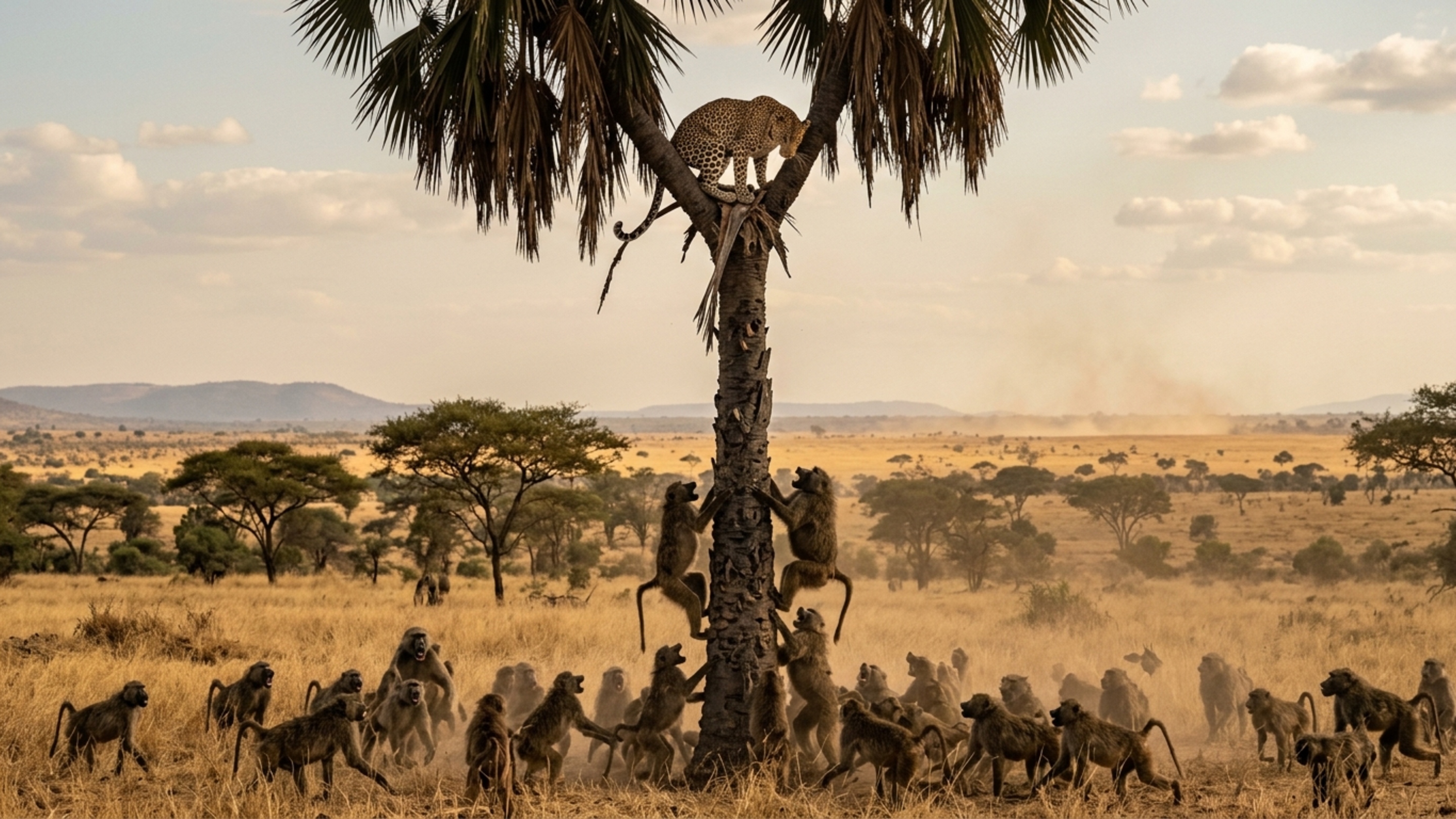 Leopardo foge para o alto de uma palmeira após ser perseguido por babuínos por quase duas horas