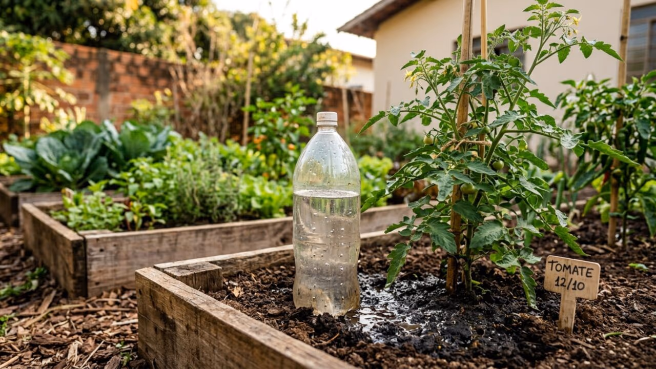 O sistema de gotejamento com garrafa pet enterrada que mantém a horta irrigada sozinha mesmo na seca