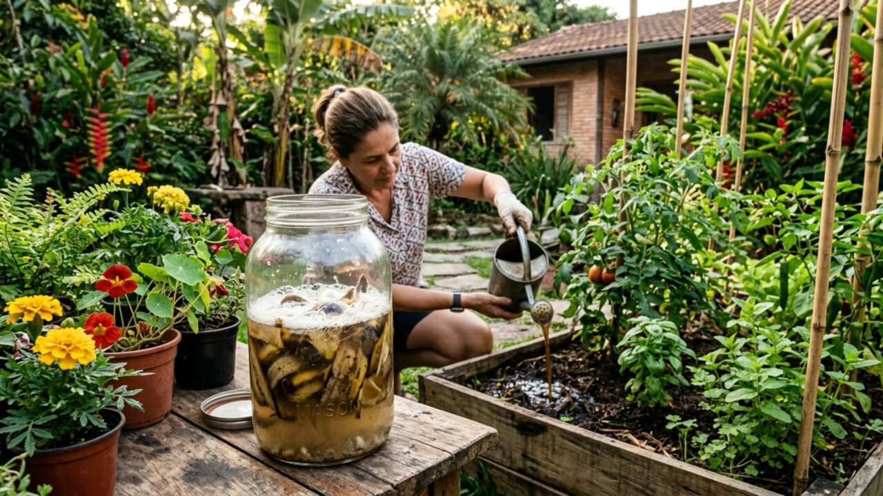 O poder da casca de banana fermentada para fazer suas frutíferas produzirem o ano todo