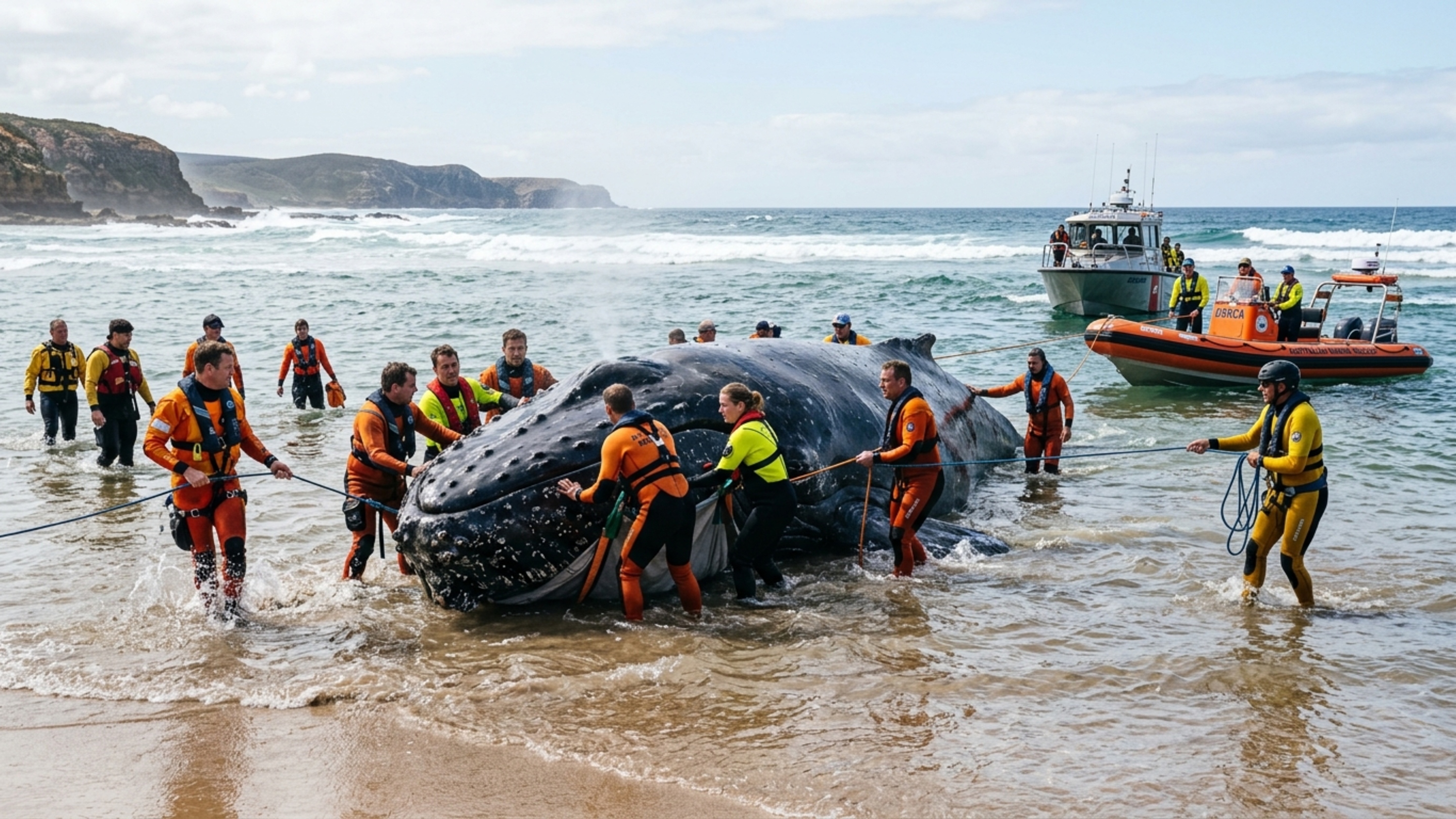 Resgate de baleia-jubarte encalhada na Austrália mobiliza operação delicada e cansativa no sol quente