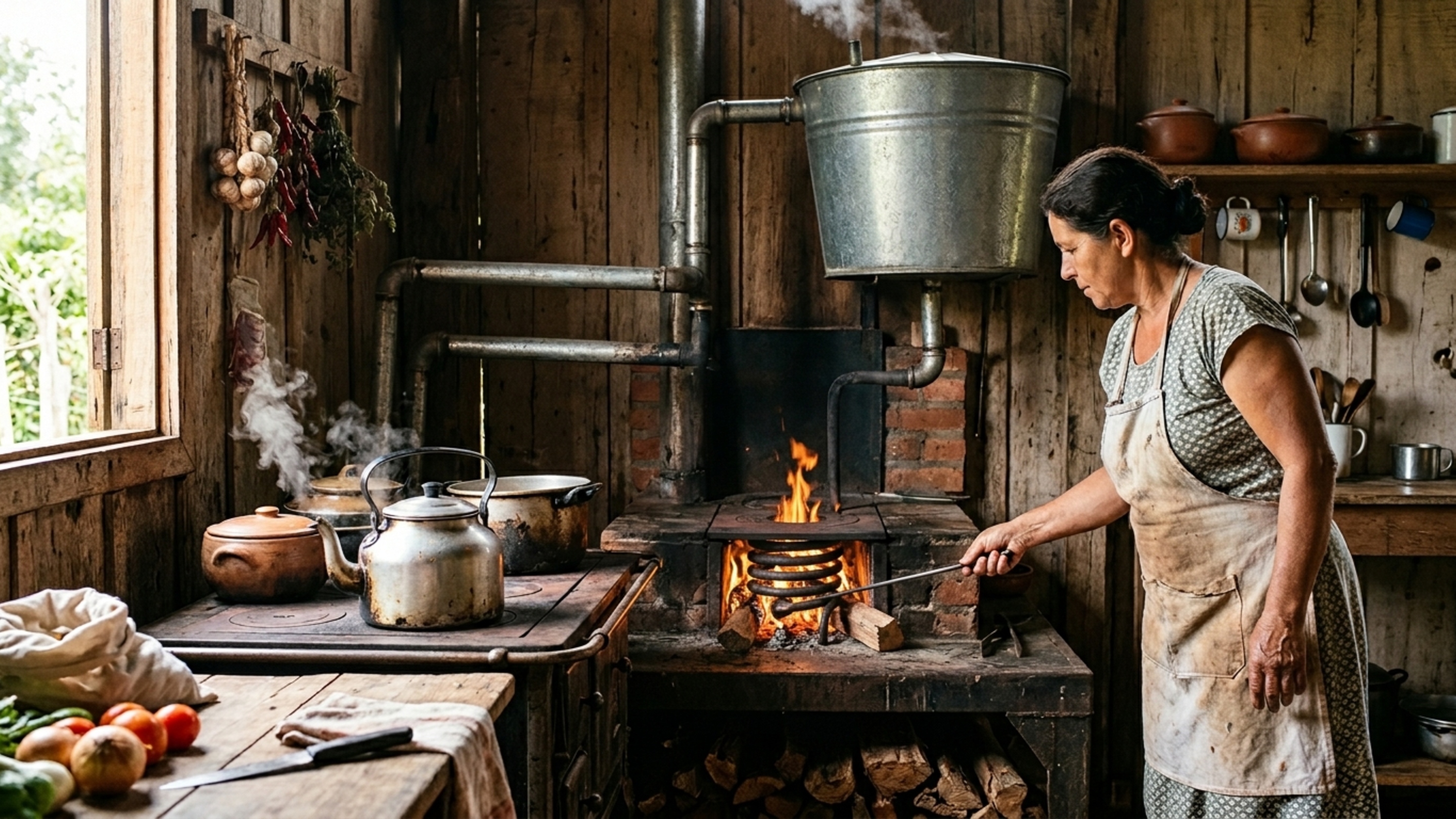 Fogão a lenha modificado com serpentina que garante água quente nas torneiras da chácara