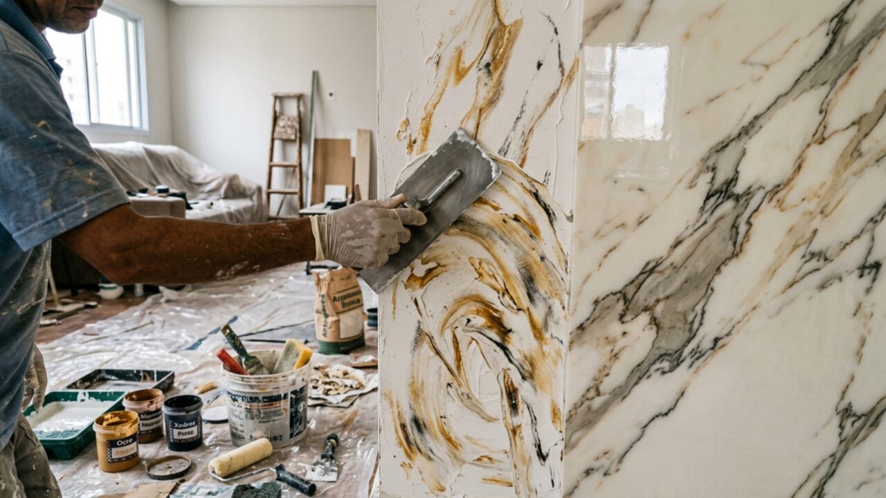 Acabamento com argamassa pode transformar qualquer parede simples em um visual de luxo