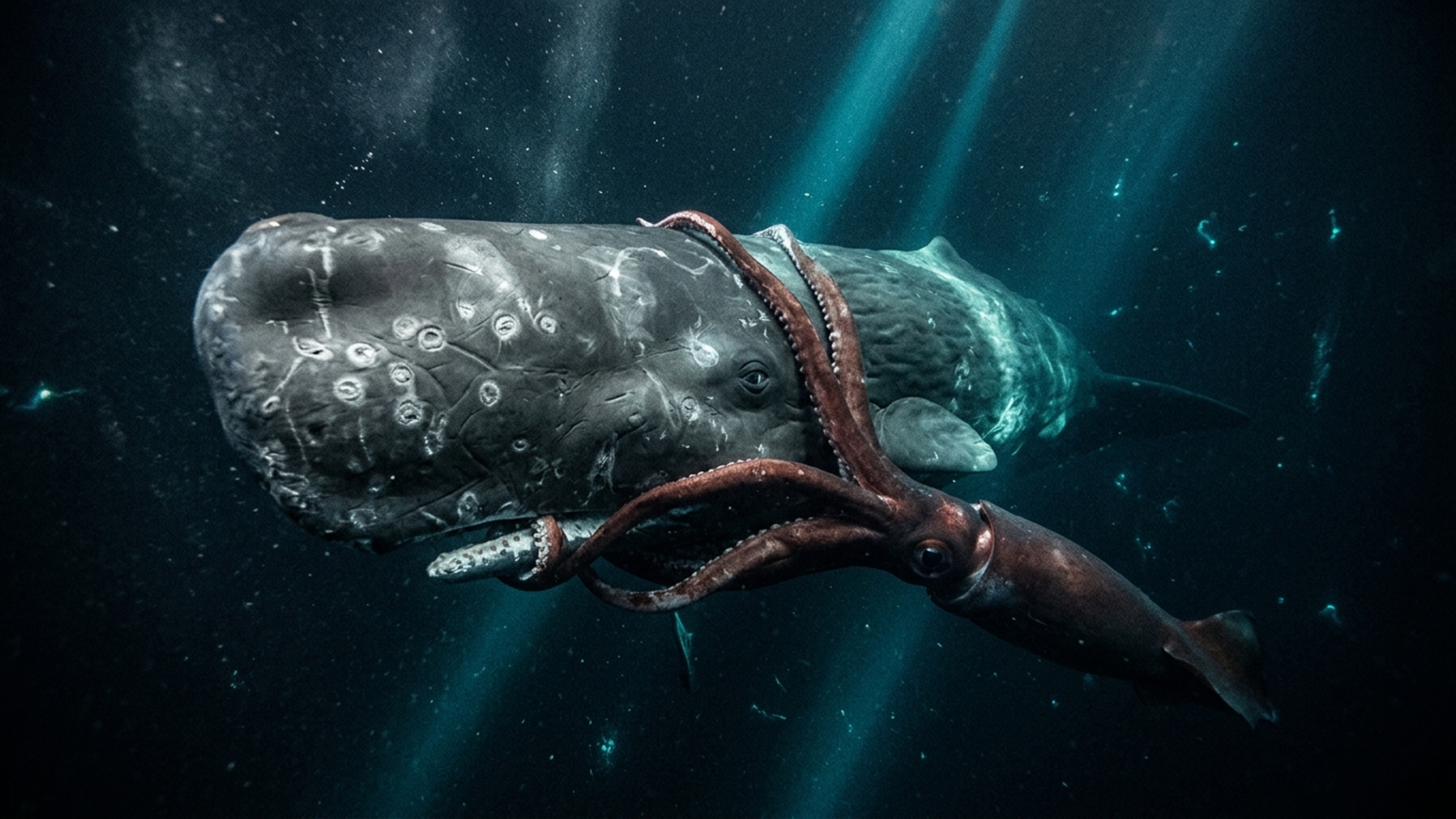 Baleia-cachalote enfrenta lula gigante a mais de 1.000 metros em uma caçada brutal