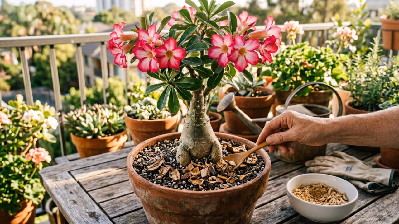 O adubo caseiro com casca de banana que faz a Rosa do Deserto florir mais rápido no outono