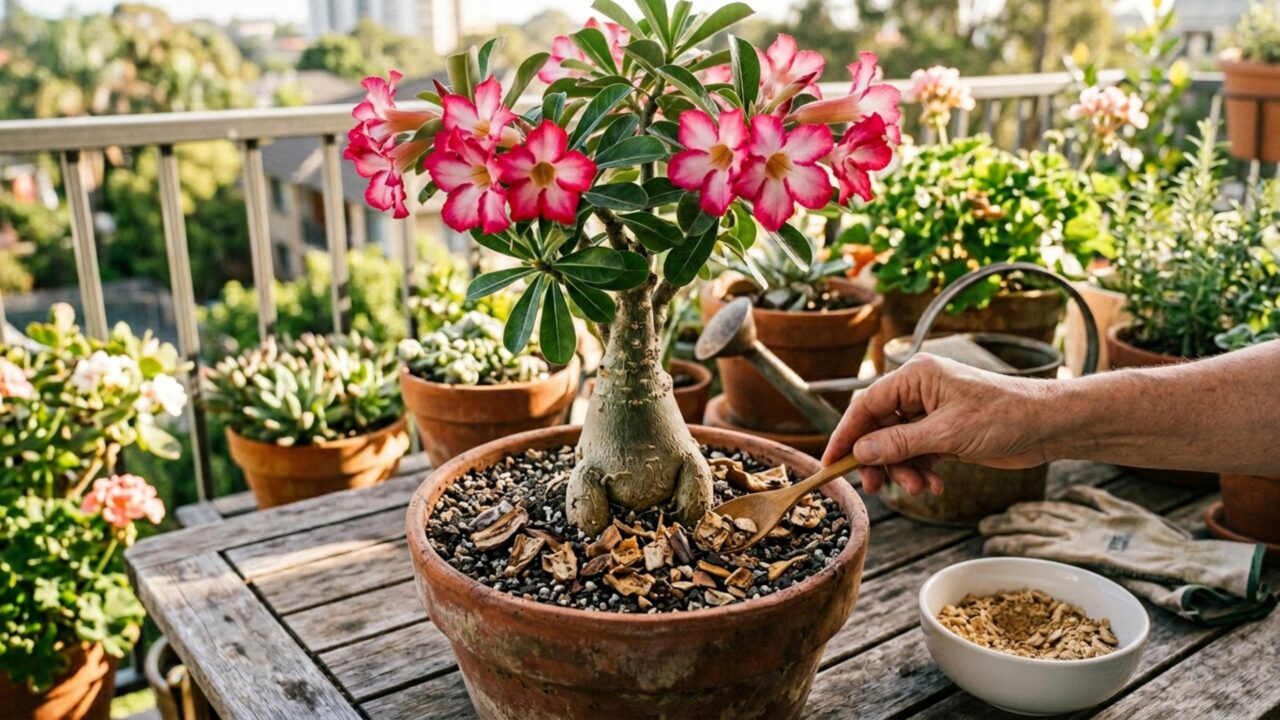 O adubo caseiro com casca de banana que faz a Rosa do Deserto florir mais rápido no outono