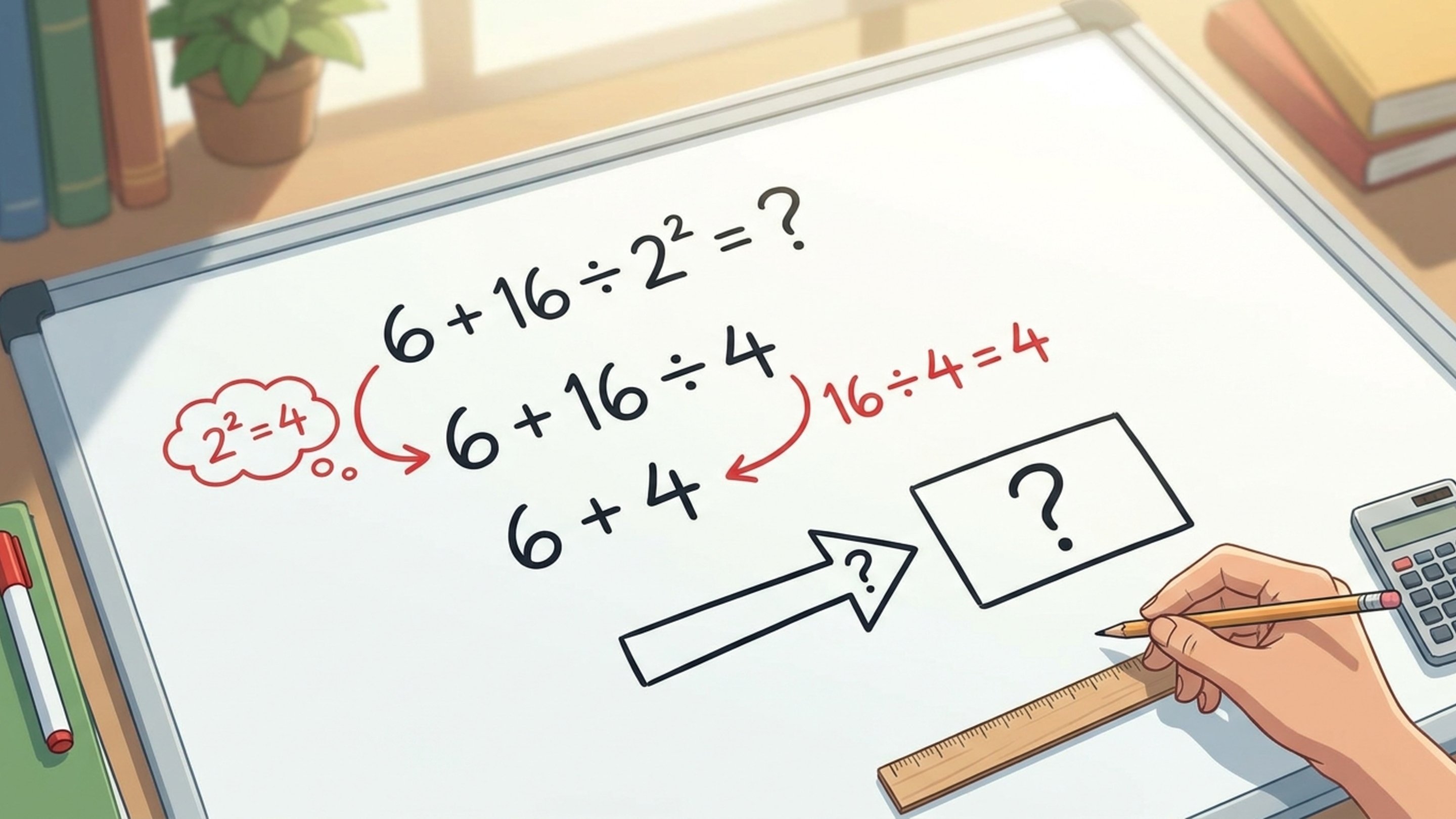 Você se lembra de como calcular?: “6 + 16 ÷ 2²”