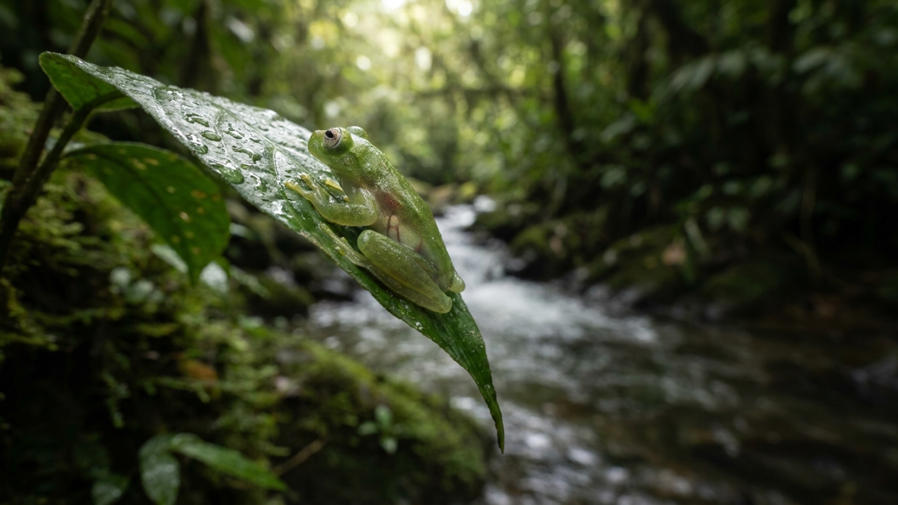 A perereca ”de vidro” que possui a barriga transparente e é possível ver seus órgãos internos em movimento