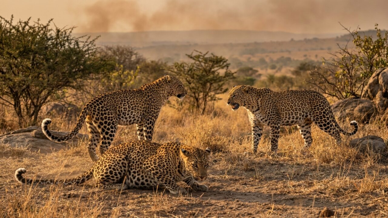 Cena rara mostra o embate selvagem de 3 leopardos na natureza com muita tensão no ar