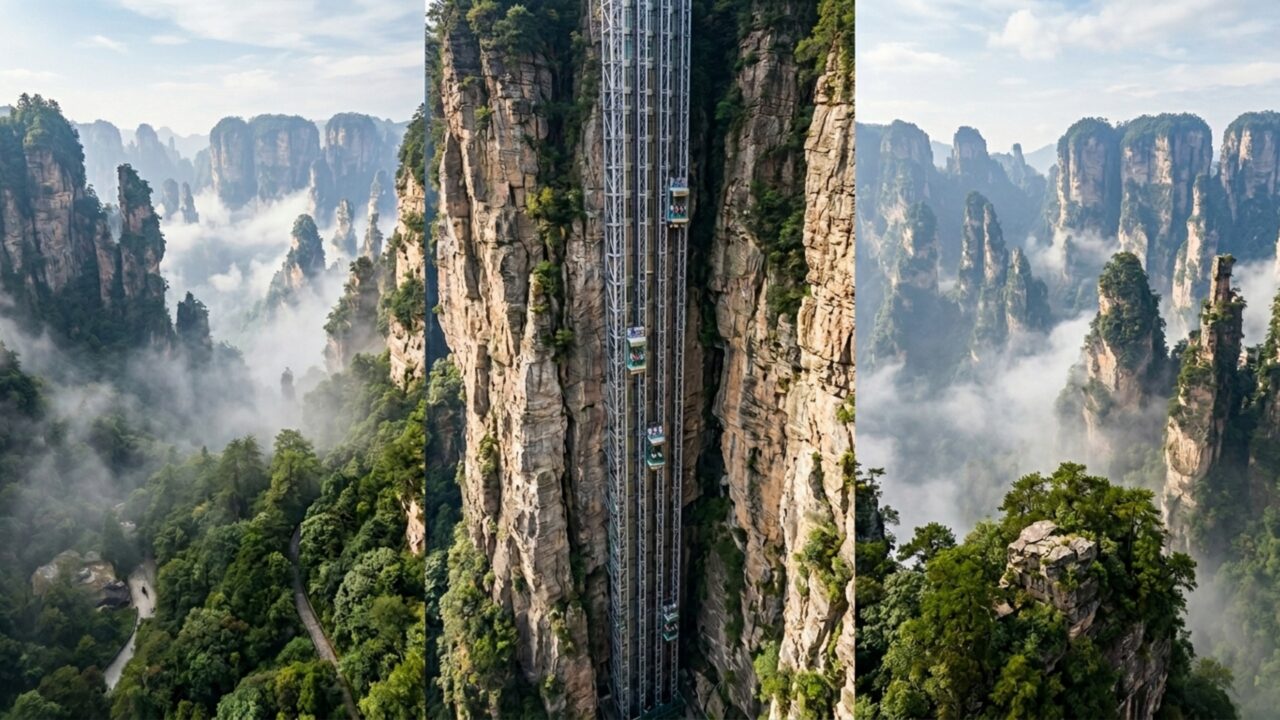 O elevador assustador construído em um penhasco de 300 metros na China que quebrou três recordes mundiais